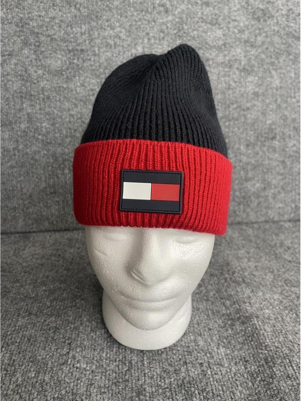 Tommy Hilfiger Black & Red Knit Cuff Beanie Hat #winteraccessories#tommyhilfiger
